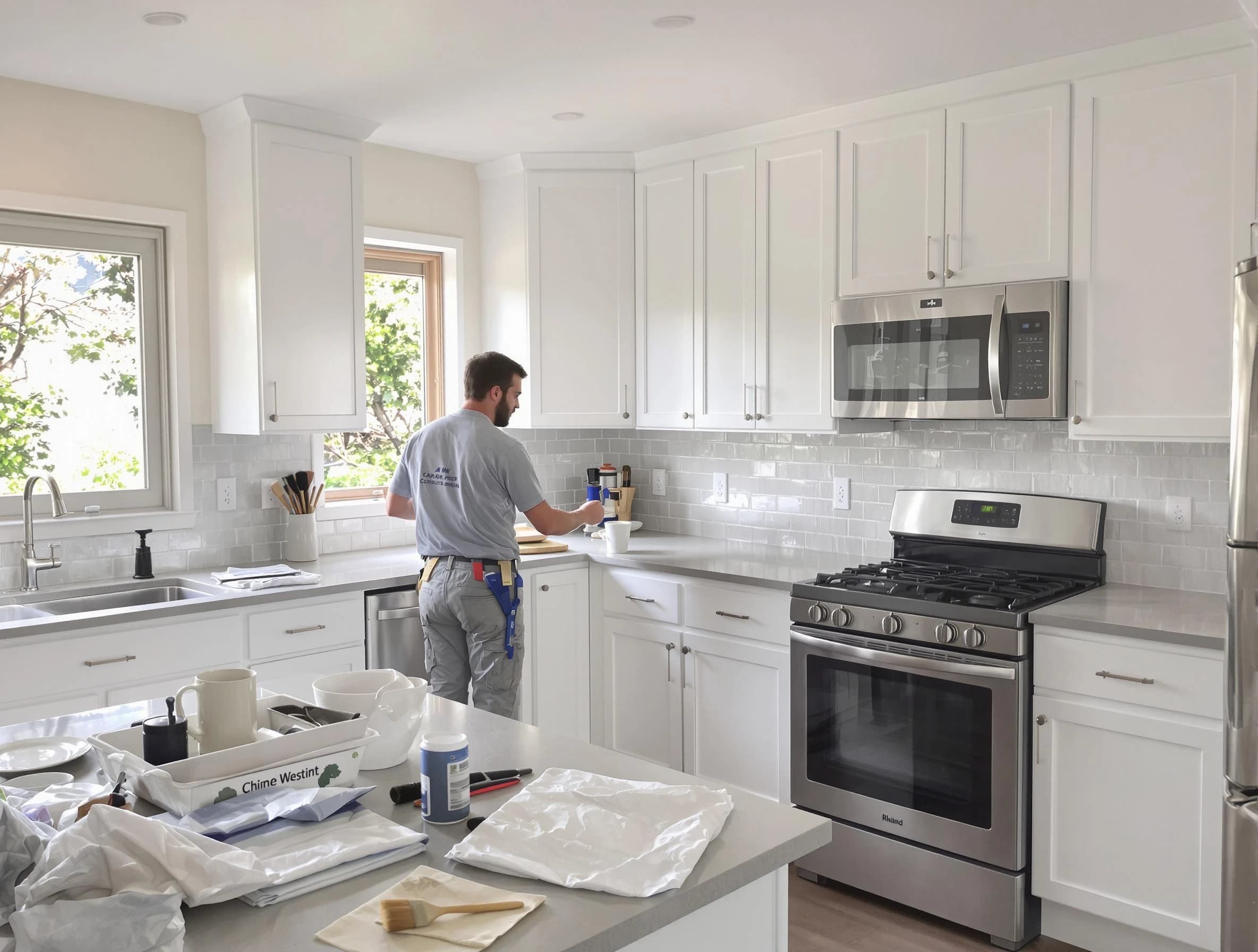 Willoughby House Painters applying fresh paint on kitchen cabinets in Willoughby