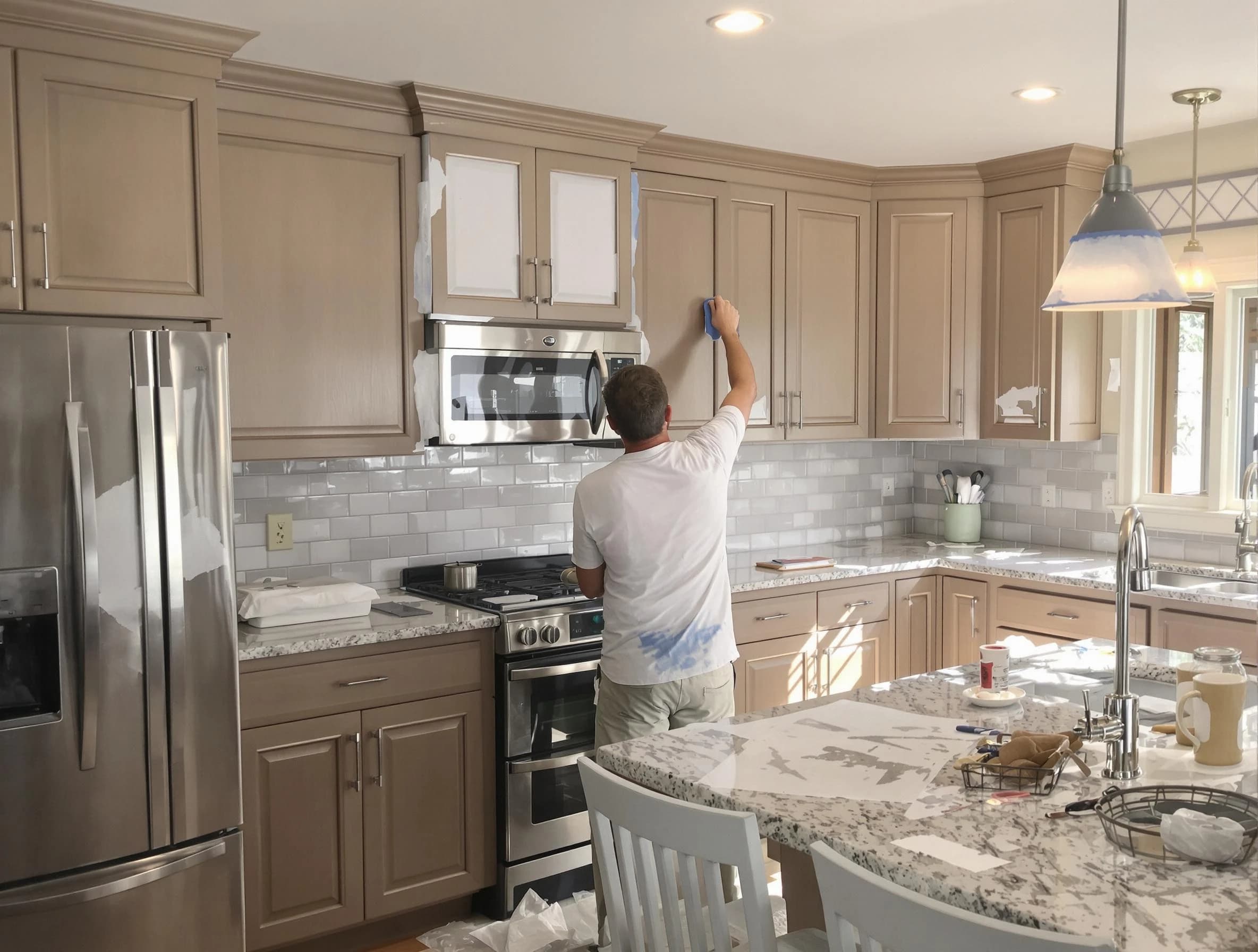 Before-and-after view of kitchen painting by Willoughby House Painters in Willoughby