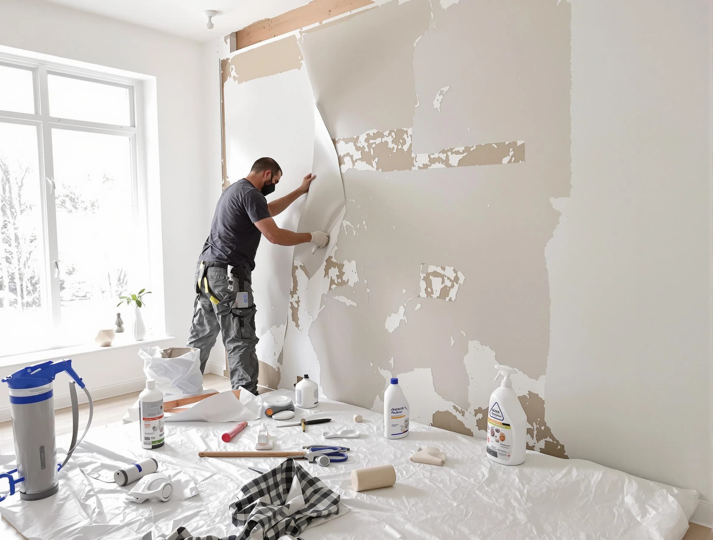 Willoughby House Painters technician removing wallpaper in Willoughby, OH