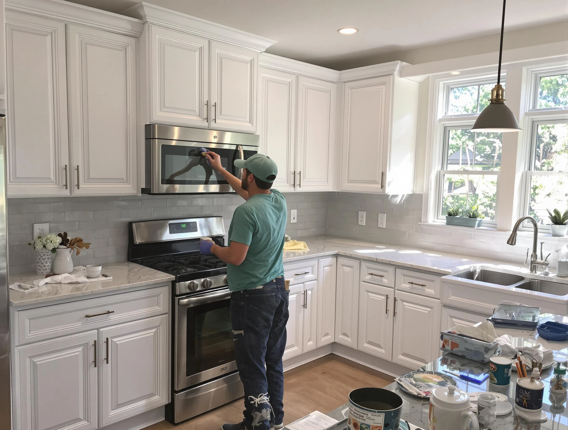 Kitchen cabinets being refinished by Willoughby House Painters in Willoughby, OH