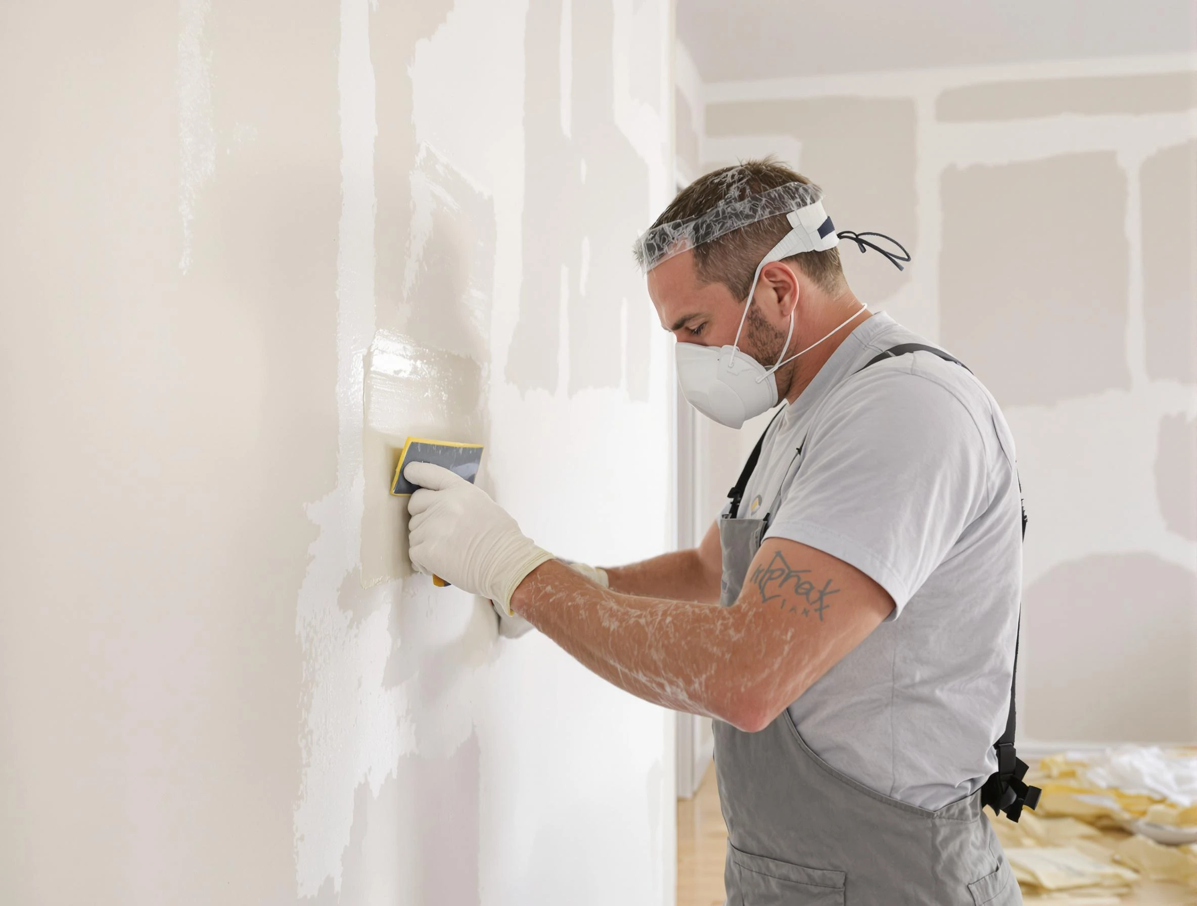 Willoughby House Painters technician applying mud to drywall seams in Willoughby, OH